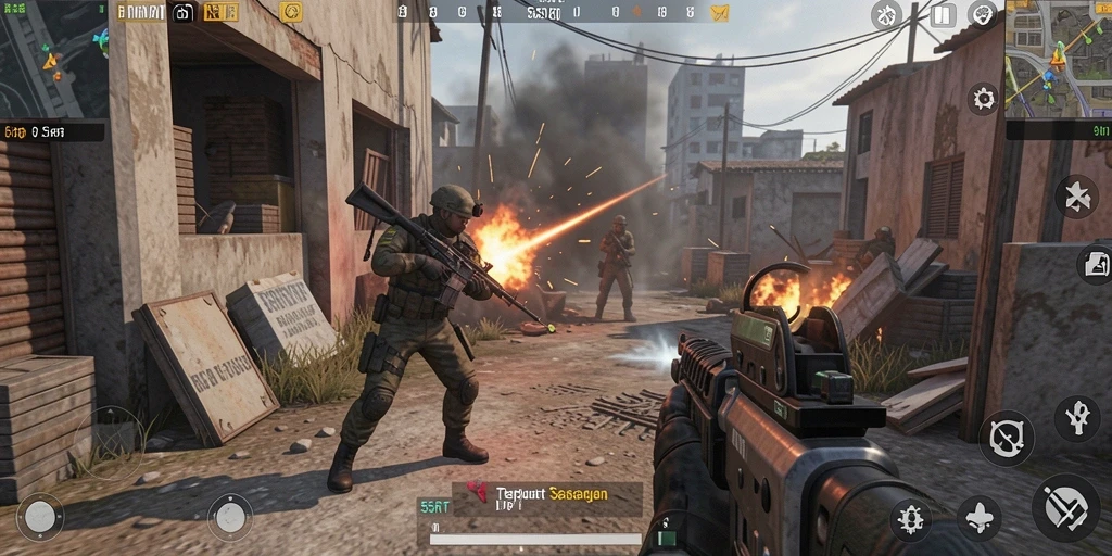 Tangkapan layar gameplay intens dari 55RT menunjukkan aksi pertempuran yang mengasyikkan.