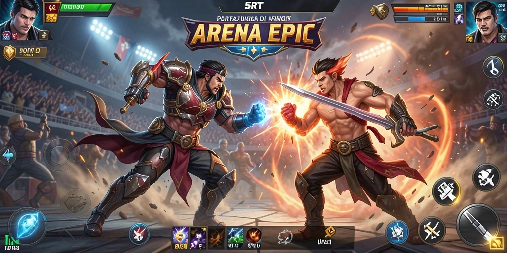 Gameplay menegangkan 5RT dengan karakter bertarung di arena yang epik.