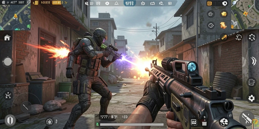 Tangkapan layar A7777 menampilkan aksi seru dan strategi cerdas dalam pertempuran FPS.