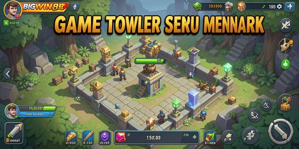 Screenshot gameplay Tower Defense di BIGWIN88 menampilkan menara dan musuh yang berinteraksi.