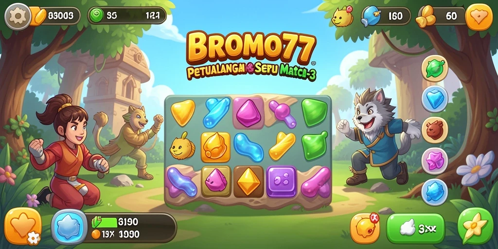 Screenshot gameplay BROMO77 menunjukkan aksi mencocokkan objek berwarna.