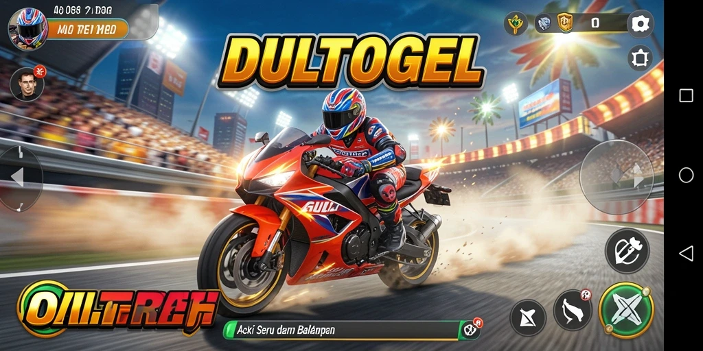 Tampilan gameplay seru DULTOGEL dengan aksi balapan motor.