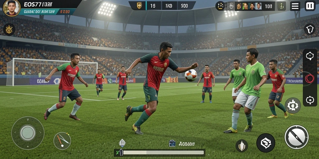 Screenshot gameplay EOS77 menampilkan aksi sepak bola yang mendebarkan.