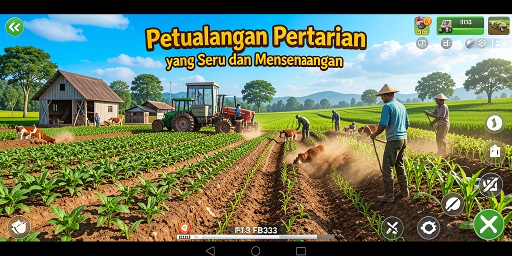 Screenshot gameplay FB333 menunjukkan ladang subur dan hewan ternak yang lucu.