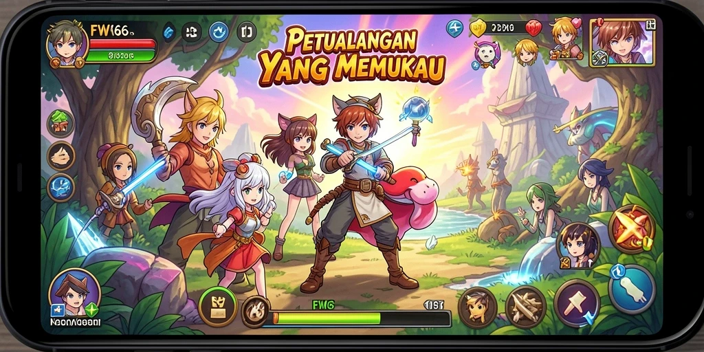 Screenshot gameplay FW66 menampilkan karakter Anime yang epic dan lingkungan yang indah.