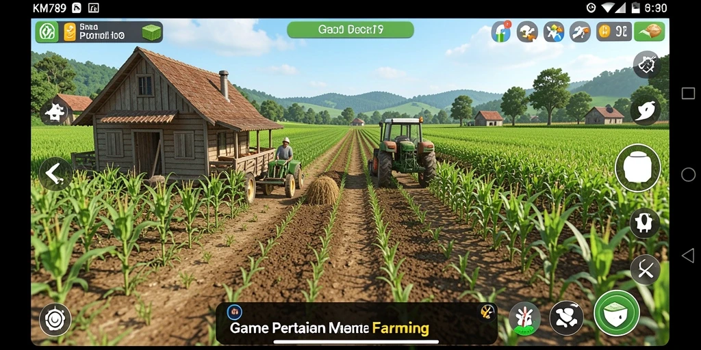 Screenshot gameplay KM789 menampilkan suasana pertanian yang cerah dan menyenangkan.