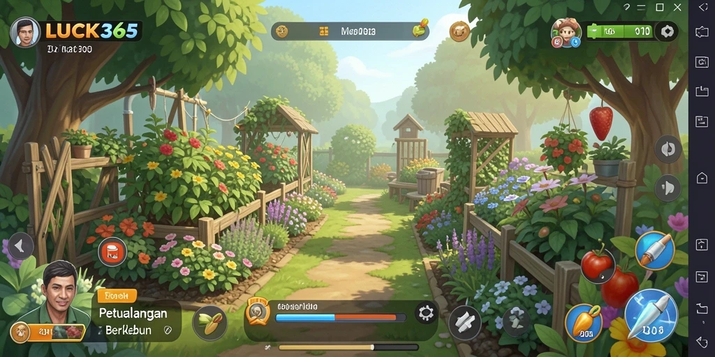 Tampilan gameplay LUCK365 dengan kebun yang subur dan aktivitas berkebun.