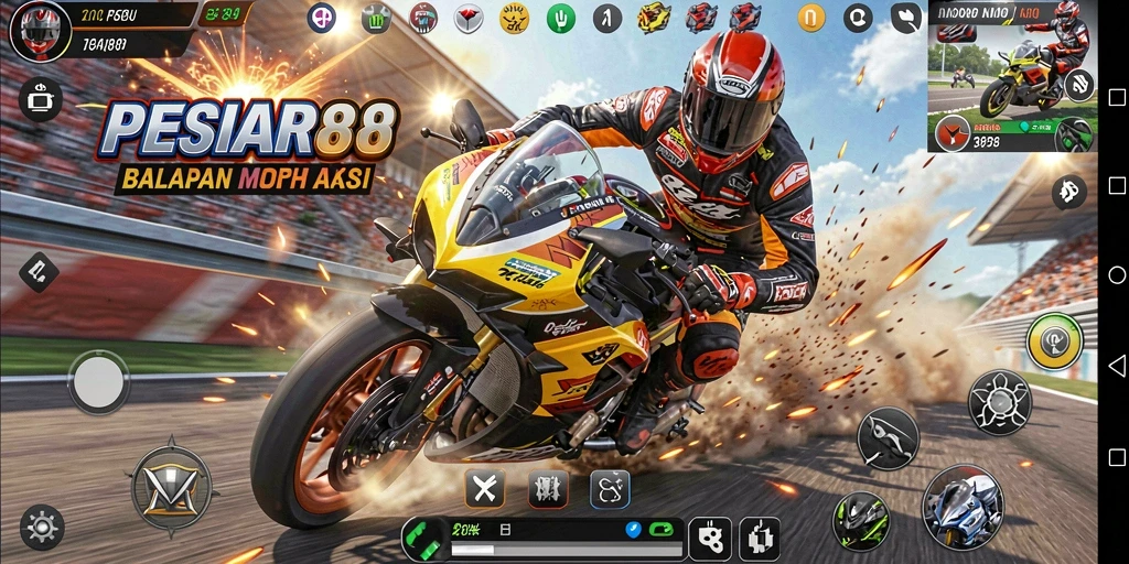 Screenshot utama PESIAR88 menampilkan aksi balapan motor yang mendebarkan.