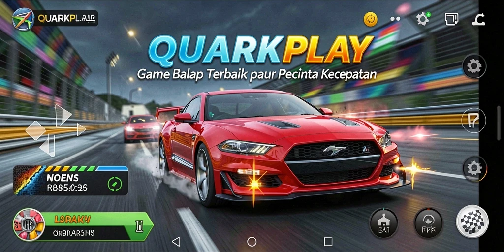 Gameplay seru QUARKPLAY dengan mobil balap di lintasan menarik.