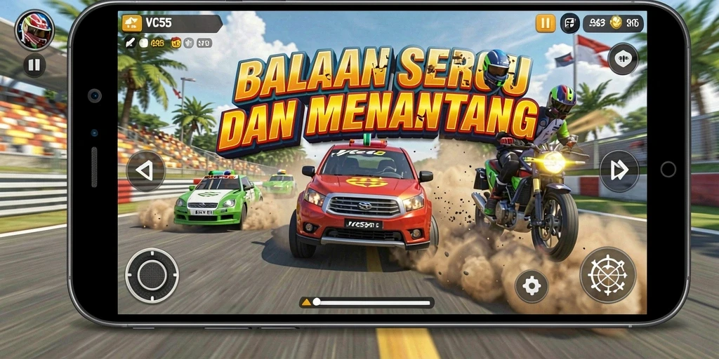 Screenshoot VC55 menunjukkan aksi seru dalam balapan yang mendebarkan.